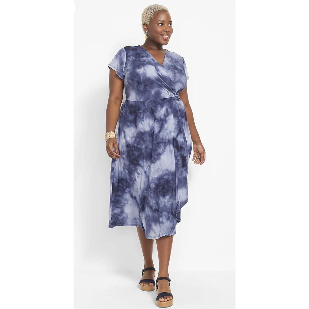 Lane Bryant Wrap Dress Size 14 / 16 Midi‎ Tie Dye V Neck Short Sleeve